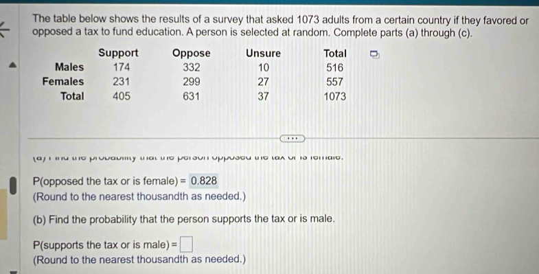 The table below shows the results of a survey that asked 1073 adults from a certain country if they favored or 
opposed a tax to fund education. A person is selected at random. Complete parts (a) through (c). 
Support Oppose Unsure Total 
Males 174 332 10 516
Females 231 299 27 557
Total 405 631 37 1073
' Uvaum ' e persón upposed the lax ot 1s remaie. 
P(opposed the tax or is female) =0.828
(Round to the nearest thousandth as needed.) 
(b) Find the probability that the person supports the tax or is male. 
P(supports the tax or is male) =□
(Round to the nearest thousandth as needed.)