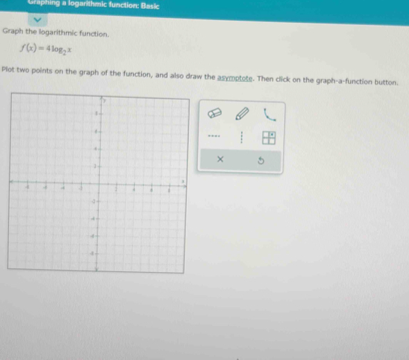 Graphing a logarithmic function: Basic 
Graph the logarithmic function.
f(x)=4log _2x
Plot two points on the graph of the function, and also draw the asymptote. Then click on the graph-a-function button. 
.. 
×