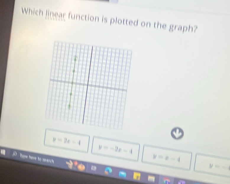 Which linear function is plotted on the graph?
y=2x-4
y=-2x-4
Type here to search
y=x-4
y=-4