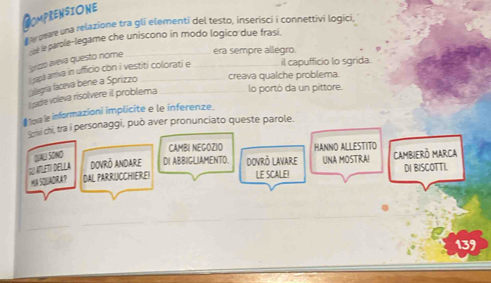 COMPRENSIONE 
e peae una relazione tra gli elementi del testo, inserisci i connettivi logici, 
cipé le parole-legame che uniscono in modo logico due frasi. 
Sprizzo aveva questo nome__ 
era sempre allegro. 
L sapà arriva in ufficio con i vestiti colorati e 
il capufficio lo sgrida. 
alegría faceva bene a Sprizzo_ 
creava qualche problema. 
Ipadre voleva risolvere il problema_ 
lo portò da un pittore. 
# 101 le informazioni implicite e le inferenze. 
Scr chi, tra i personaggi, può aver pronunciato queste parole. 
CAMBI NEGOZIO HANNO ALLESTITO 
ZIAU SONO 
(2 ATLETI DELLA dovrò Andare DI ABBIGLIAMENTO. DOvrò LAVArE UNA MOSTRA! Cambierò Marca 
H SQUADRA? DAL PARRUCCHIERE! LE SCALE! DI BISCOTTI. 
139