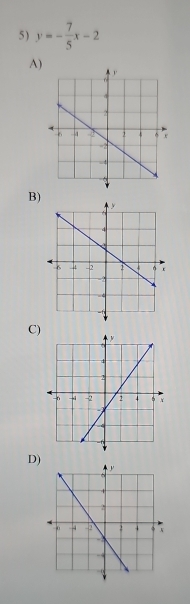 5 ) y=- 7/5 x-2
A) 
B) 
C) 
D)