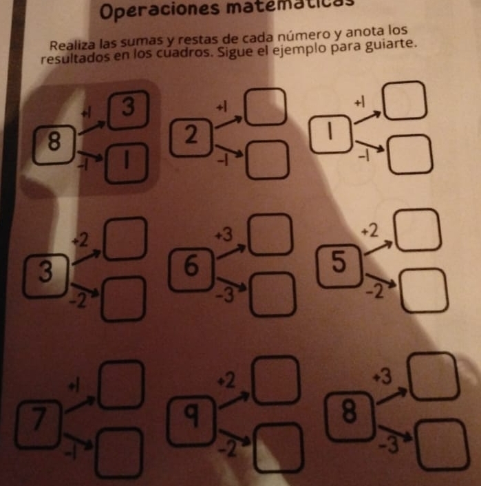 Operaciones matemáticas 
Realiza las sumas y restas de cada número y anota los 
resultados en los cuadros. Sigue el ejemplo para guiarte.
3
+l
+l
8
2
| 
-
-1
+ 2
+3
+2  1/2 
3
6
5
-2
-3
-2
+2
+3
7
q
8
-2
-3