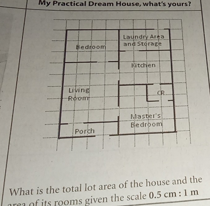 My Practical Dream House, what’s yours? 
What is the total lot area of the house and the 
re a of its rooms given the scale . 0.5cm:1m