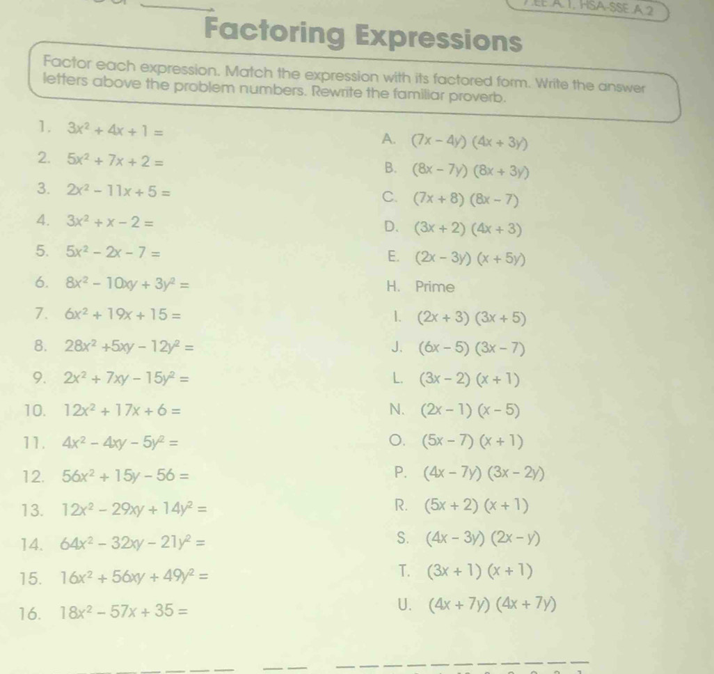 À.1. HSA-SSE A 2
Factoring Expressions
Factor each expression. Match the expression with its factored form. Write the answer
letters above the problem numbers. Rewrite the familiar proverb.
1. 3x^2+4x+1=
A. (7x-4y)(4x+3y)
2. 5x^2+7x+2=
B. (8x-7y)(8x+3y)
3. 2x^2-11x+5= (7x+8)(8x-7)
C.
4. 3x^2+x-2=
D. (3x+2)(4x+3)
5. 5x^2-2x-7= (2x-3y)(x+5y)
E.
6. 8x^2-10xy+3y^2= H. Prime
7. 6x^2+19x+15= 1. (2x+3)(3x+5)
8. 28x^2+5xy-12y^2= J. (6x-5)(3x-7)
9. 2x^2+7xy-15y^2= L. (3x-2)(x+1)
N.
10. 12x^2+17x+6= (2x-1)(x-5)
11. 4x^2-4xy-5y^2= o. (5x-7)(x+1)
P.
12. 56x^2+15y-56= (4x-7y)(3x-2y)
13. 12x^2-29xy+14y^2= R. (5x+2)(x+1)
S.
14. 64x^2-32xy-21y^2= (4x-3y)(2x-y)
T.
15. 16x^2+56xy+49y^2= (3x+1)(x+1)
16. 18x^2-57x+35= U. (4x+7y)(4x+7y)