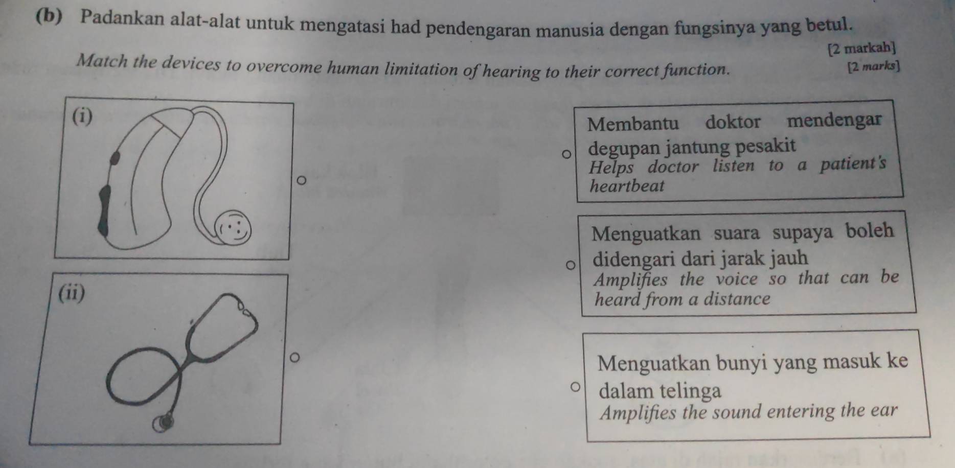 Padankan alat-alat untuk mengatasi had pendengaran manusia dengan fungsinya yang betul.
[2 markah]
Match the devices to overcome human limitation of hearing to their correct function. [2 marks]
Membantu doktor mendengar
degupan jantung pesakit
Helps doctor listen to a patient's
heartbeat
Menguatkan suara supaya boleh
didengari dari jarak jauh
Amplifies the voice so that can be
heard from a distance
Menguatkan bunyi yang masuk ke
dalam telinga
Amplifies the sound entering the ear