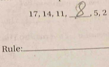 17, 14, 11, _, 5, 2
Rule:_