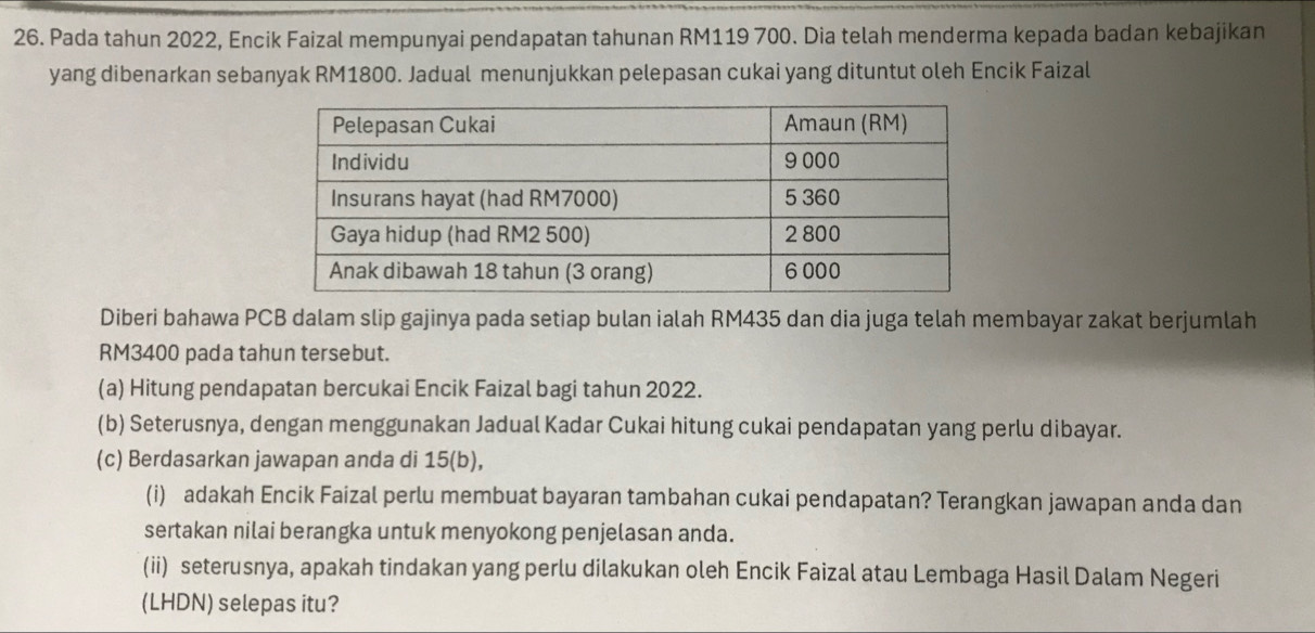 Pada tahun 2022, Encik Faizal mempunyai pendapatan tahunan RM119 700. Dia telah menderma kepada badan kebajikan 
yang dibenarkan sebanyak RM1800. Jadual menunjukkan pelepasan cukai yang dituntut oleh Encik Faizal 
Diberi bahawa PCB dalam slip gajinya pada setiap bulan ialah RM435 dan dia juga telah membayar zakat berjumlah
RM3400 pada tahun tersebut. 
(a) Hitung pendapatan bercukai Encik Faizal bagi tahun 2022. 
(b) Seterusnya, dengan menggunakan Jadual Kadar Cukai hitung cukai pendapatan yang perlu dibayar. 
(c) Berdasarkan jawapan anda di 15(b), 
(i) adakah Encik Faizal perlu membuat bayaran tambahan cukai pendapatan? Terangkan jawapan anda dan 
sertakan nilai berangka untuk menyokong penjelasan anda. 
(ii) seterusnya, apakah tindakan yang perlu dilakukan oleh Encik Faizal atau Lembaga Hasil Dalam Negeri 
(LHDN) selepas itu?