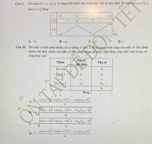 Cho hàm số y=f(x) có bảng biến thiên như hình bên. Giá trị nhỏ nhất của hàm số y=f(x)
trên [-1;1] bằng
A. -3 . B. -1 C. -2 D. 1.
Câu 10: Xét mẫu số liệu ghép nhóm cho ở Bảng 1. Gọi x là số trung bình cộng của mẫu số liệu ghép
nhóm. Độ lệch chuẩn của mẫu số liệu ghép nhóm đó được tính bằng công thức nào trong các
công thức sa
A. s^2=frac n_1(x_1-overline x)^2+n_2(x_2-overline x)^2+...+n_n(x_m-overline x)^2n.
B. s=sqrt(frac n_1)(x_1-overline x)^2+n_2(x_2-overline x)^2+...+n_m(x_m-overline x)^2m.
C. s=sqrt(frac n_1)(x_1-overline x)^2+n_2(x_2-overline x)^2+...+n_m(x_m-overline x)^2n.
D. s^2=frac n_1(x_1-overline x)^2+n_2(x_2-overline x)^2+...+n_m(x_m-overline x)^2m