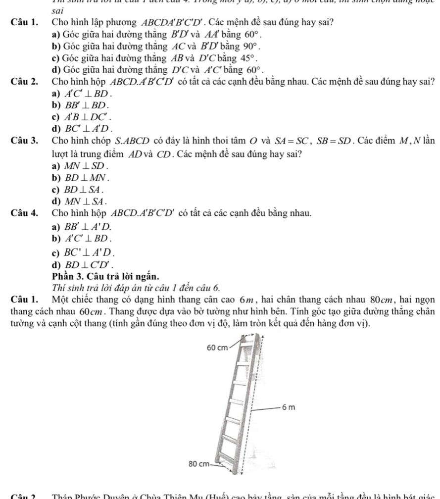 sai
Câu 1. Cho hình lập phương ABCDA B'C'D'. Các mệnh đề sau đúng hay sai?
a) Góc giữa hai đường thăng B'D' và AA bằng 60°.
b) Góc giữa hai đường thắng AC và B'D bằng 90°.
c) Góc giữa hai đường thăng AB và D'C bằng 45°.
d) Góc giữa hai đường thắng D'C và A'C' bằng 60°.
Câu 2. Cho hình hộp ABCD.A B'C'D' có tất cả các cạnh đều bằng nhau. Các mệnh đề sau đúng hay sai?
a) A'C'⊥ BD.
b) BB'⊥ BD.
c) A'B⊥ DC'.
d) BC'⊥ A'D.
Câu 3. Cho hình chóp S.ABCD có đáy là hình thoi tâm O và SA=SC,SB=SD. Các điểm M, N lần
lượt là trung điểm AD và CD . Các mệnh đề sau đúng hay sai?
a) MN⊥ SD.
b) BD⊥ MN.
c) BD⊥ SA.
d) MN⊥ SA.
Câu 4. Cho hình hộp ABCD.. A'B'C'D' có tất cả các cạnh đều bằng nhau.
a) BB'⊥ A'D.
b) A'C'⊥ BD.
c) BC'⊥ A'D.
d) BD⊥ C'D'.
Phần 3. Câu trả lời ngắn.
Thí sinh trả lời đáp án từ câu 1 đến câu 6.
Câu 1. Một chiếc thang có dạng hình thang cân cao 6m, hai chân thang cách nhau 80cm, hai ngọn
thang cách nhau 60cm . Thang được dựa vào bờ tường như hình bên. Tính góc tạo giữa đường thăng chân
tường và cạnh cột thang (tính gần đúng theo đơn vị độ, làm tròn kết quả đến hàng đơn vị).
Thiên Mụ (Huế) cao bảy tằng, sản của mỗi tầng đầu là hình bát giác