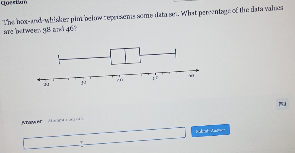 Question 
The box-and-whisker plot below represents some data set. What percentage of the data values 
are between 38 and 46? 
Answer Attempt 1 out of 2 
Submit Answer