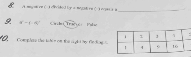 A negative (-) divided by a negative (-) equals a_ 
. 
9. 6^2=(-6)^2 Circle True or False 
0. Complete the table on the right by finding x.