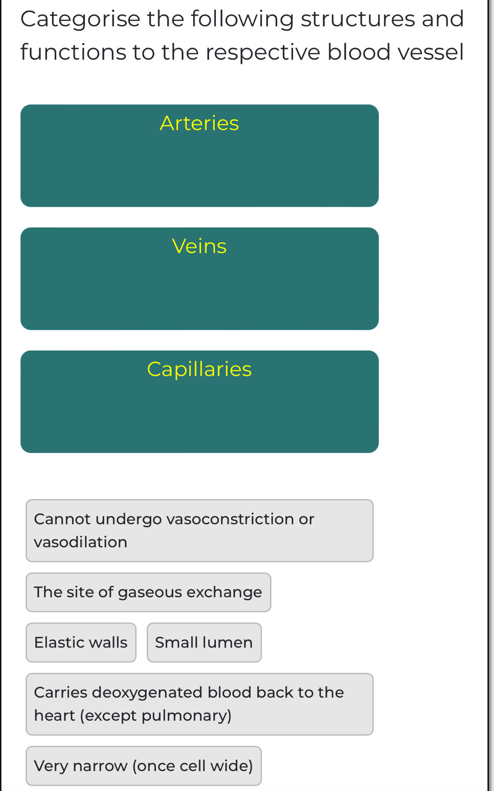 Categorise the following structures and
functions to the respective blood vessel
Arteries
Veins
Capillaries
Cannot undergo vasoconstriction or
vasodilation
The site of gaseous exchange
Elastic walls Small lumen
Carries deoxygenated blood back to the
heart (except pulmonary)
Very narrow (once cell wide)