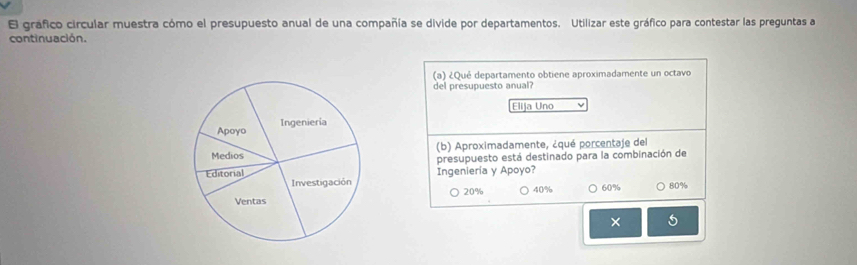 El gráfico circular muestra cómo el presupuesto anual de una compañía se divide por departamentos. Utilizar este gráfico para contestar las preguntas a
continuación.
(a) ¿Qué departamento obtiene aproximadamente un octavo
del presupuesto anual?
Elija Uno
(b) Aproximadamente, ¿qué porcentaje del
presupuesto está destinado para la combinación de
Ingeniería y Apoyo?
20% 40% 60% 80%
× 5