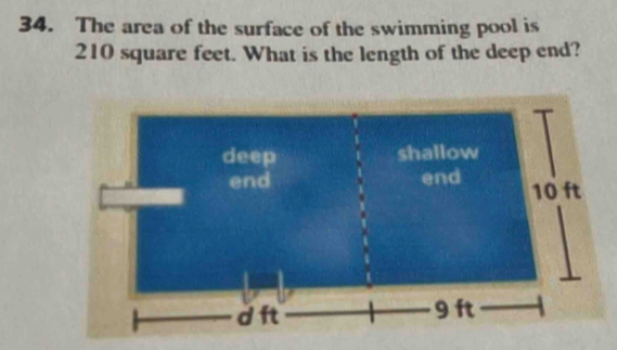 The area of the surface of the swimming pool is
210 square feet. What is the length of the deep end?