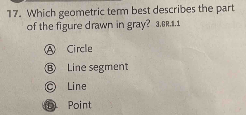 Which geometric term best describes the part
of the figure drawn in gray? 3.GR.1.1
Ⓐ Circle
Ⓑ Line segment
© Line
Point