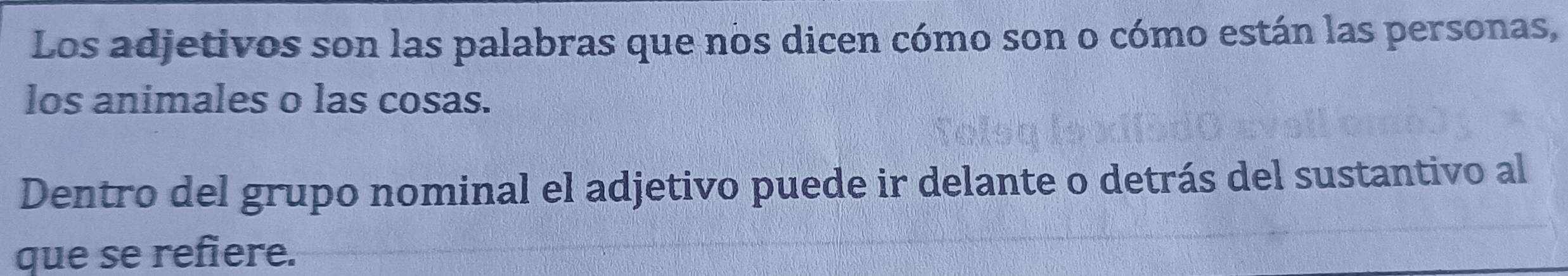 Los adjetivos son las palabras que nos dicen cómo son o cómo están las personas, 
los animales o las cosas. 
Dentro del grupo nominal el adjetivo puede ir delante o detrás del sustantivo al 
que se refiere.