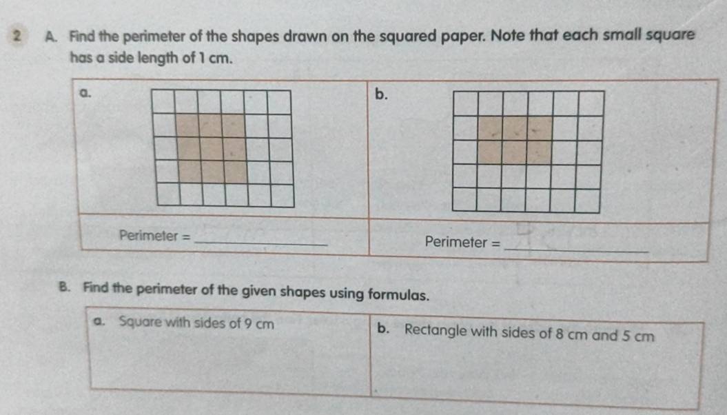 Find the perimeter of the shapes drawn on the squared paper. Note that each small square 
has a side length of 1 cm. 
a. 
b. 
_ 
Perimeter =_ Perimeter = 
B. Find the perimeter of the given shapes using formulas. 
a. Square with sides of 9 cm b. Rectangle with sides of 8 cm and 5 cm