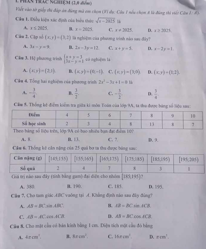 Phân TRAC NGHIỆM (2,0 diểm)
Viết vào tờ giấy thi đáp ăn đủng mà em chọn (Vi dụ: Câu 1 nếu chọn A là đúng thì viết Câu 1:A).
Câu 1. Điều kiện xác định của biểu thức sqrt(x-2025)1
A. x≤ 2025. B. x=2025. C. x!= 2025. D. x≥ 2025.
Câu 2. Cập số (x;y)=(3;2) là nghiệm của phương trình nào sau đây?
A. 3x-y=9. B. 2x-3y=12. C. x+y=5. D. x-2y=1.
Câu 3. Hệ phương trình beginarrayl x+y=3 3x-y=1endarray. có nghiệm là
A. (x;y)=(2;1). B. (x;y)=(0;-1). C. (x;y)=(3;0). D. (x;y)=(1;2).
Câu 4. Tổng hai nghiệm của phương trình 2x^2-3x+1=0 là
A. - 3/4 . B.  3/2 . C. - 3/2 . D.  3/4 .
Câu 5. Thống kê điểm kiểm tra giữa ki môn Toán của lớp 9A, ta thu được bảng số liệu sau:
A. 8. B. 13. C. 7. D. 9.
Câu 6. Thống kê cân nặng của 25 quả bơ ta thu được bảng sau:
Giá trị nào sau đây (tính bằng gam) đại diện cho nhóm [185;195) ?
A. 380. B. 190. C. 185. D. 195.
Câu 7. Cho tam giác ABC vuông tại A. Khẳng định nào sau đây đúng?
A. AB=BC.sin ABC. B. AB=BC sin ACB.
D.
C. AB=AC. co s ACB. AB=BC. cos ACB.
Câu 8. Cho mặt cầu có bán kính bằng 1 cm. Diện tích mặt cầu đó bằng
A. 4π cm^2. B. 8π cm^2. C. 16π cm^2. D. π cm^2.