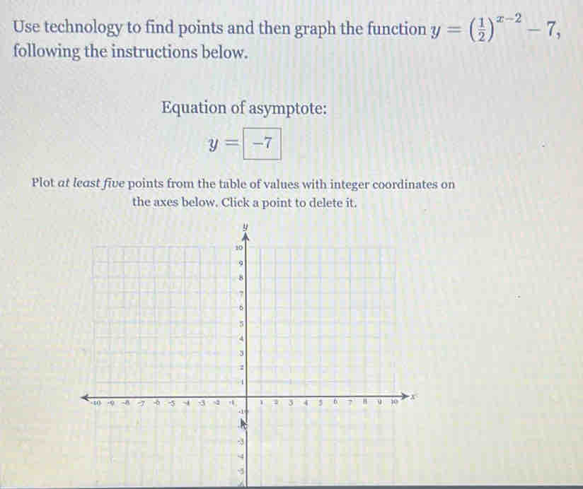 Use technology to find points and then graph the function y=( 1/2 )^x-2-7, 
following the instructions below. 
Equation of asymptote:
y=-7
Plot at least five points from the table of values with integer coordinates on 
the axes below. Click a point to delete it.