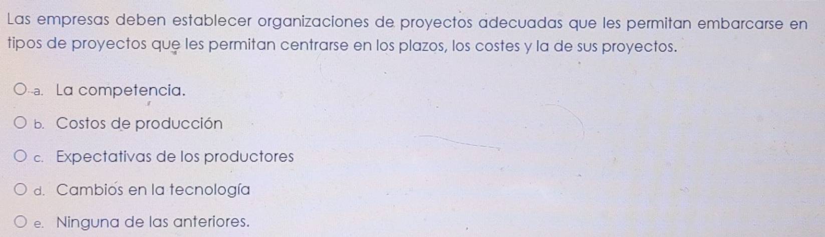 Las empresas deben establecer organizaciones de proyectos adecuadas que les permitan embarcarse en
tipos de proyectos que les permitan centrarse en los plazos, los costes y la de sus proyectos.
a. La competencia.
B. Costos de producción
c. Expectativas de los productores
d. Cambios en la tecnología
e. Ninguna de las anteriores.