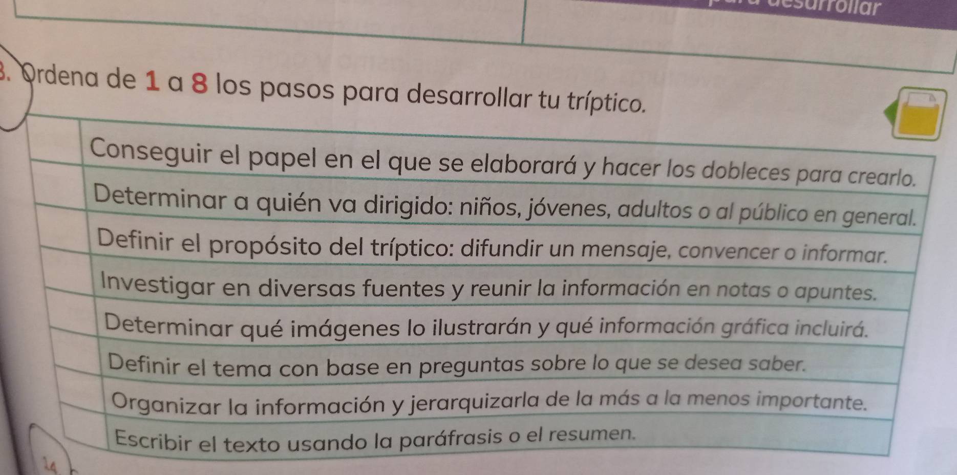 Resuelto:esurrollar 3. Ordena de 1 a 8 los pasos para desarrollar tu trípt
