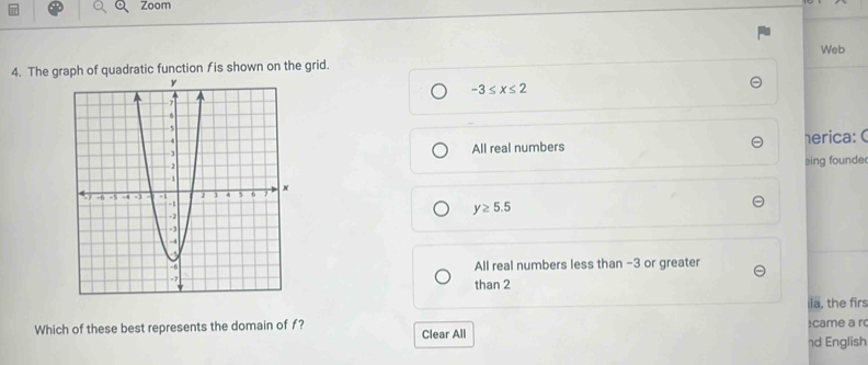 Zoom
4. The graph of quadratic function fis shown on the grid. Web
-3≤ x≤ 2
All real numbers herica: (
sing founde
y≥ 5.5
All real numbers less than -3 or greater
than 2
la, the firs
Which of these best represents the domain of f? Clear All )came a r
d English