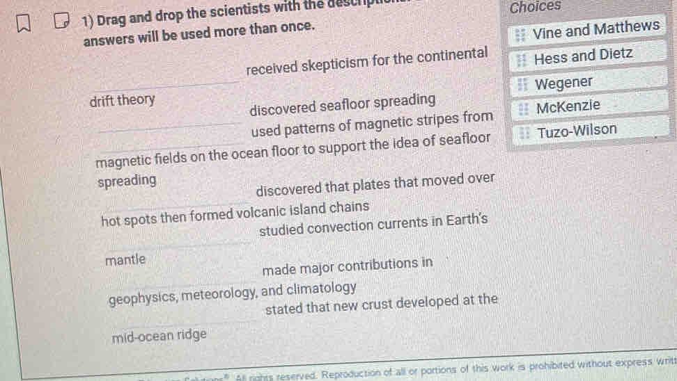 Drag and drop the scientists with the des crpl Choices
answers will be used more than once.
Vine and Matthews
received skepticism for the continental Hess and Dietz
drift theory Wegener
discovered seafloor spreading
used patterns of magnetic stripes from McKenzie
magnetic fields on the ocean floor to support the idea of seafloor Tuzo-Wilson
spreading
discovered that plates that moved over
hot spots then formed volcanic island chains
studied convection currents in Earth's
mantle
made major contributions in
geophysics, meteorology, and climatology
stated that new crust developed at the
mid-ocean ridge
At righes reserved. Reproduction of all or portions of this work is prohibited without express writ