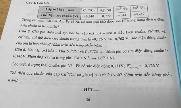 Cho biết:
Trooại Cu, Ag, Fe và Ni. Số kim loại khử được ion iều
kiện chuẩn là bao nhiêu?
Câu 5. Cho pin điện hoá tạo bởi hai cặp oxi hoá - khử ở điều kiện chuẩn: Pb^(2+)/Pb và
Zn^(2+)/Zn với thể điện cực chuẩn tương ứng là −0,126 V và −0,762 V. Sức điện động chuẩn
của pin là bao nhiêu? (Làm tròn đến hàng phần trăm)
Câu 6. Hai cặp oxi hóa - khử Ni^(2+)/Ni và Cd^(2+)/Cd tạo thành pin có sức điện động chuẩn là
0,146V. Phản ứng xảy ra trong pin: Cd+Ni^(2+)to Cd^(2+)+Ni.
Cho biết: ở trạng thái chuẩn, pin Ni - Pb có sức điện động 0,131V; E_Pb^(2+)/Pb^circ =-0,126V.
Thế điện cực chuẩn của cặp Cd^(2+)/Cd có giá trị bao nhiêu volt? (Làm tròn đến hàng phần
trăm)
Hế t
36