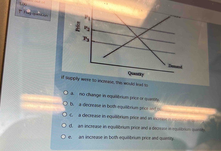 co out of
1.00
Flag question
if supply were to increase, this would lead to
a. no change in equilibrium price or quantity.
b. a decrease in both equilibrium price and qua
c.  a decrease in equilibrium price and an increase in equilibrium quantty
d. an increase in equilibrium price and a decrease in equilibrium quantity.
e. an increase in both equilibrium price and quantity.