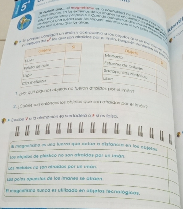 5° Fuorca a cnldo
10
e cuente que... el magnetismo es la capacidad de los imanes para atae enti 
deci el polo norte y el polo sur. Cuando acercamos dos imañes desde el m
y etros imanes. En los extremos de los imanes se encuentran los pelos megres
sentir una fuerza que los atrae.
sentiremos una fuerza que los separa; mientras que sí son polos diferentés p
o
n parejas, consigan un imán y acérquento a los objetos que s
í √ los que son atraídos por el imán. De
¿Por qué algunos objetos no fu atr
2. ¿Cuáles son entonces los objetos que son atraídos por el imán?
Escribe V si la afirmación es verdadera o F si es falsa,
El magnetismo es una fuerza que actúa a distancia en los objetos.
Los objetos de plástico no son atraídos por un imán.
Los metales no son atraídos por un imán.
Los polos opuestos de los imanes se atraen.
El magnetismo nunca es utilizado en objetos tecnológicos.