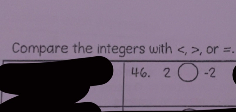 Compare the integers with , , or =.
46. 2bigcirc -2