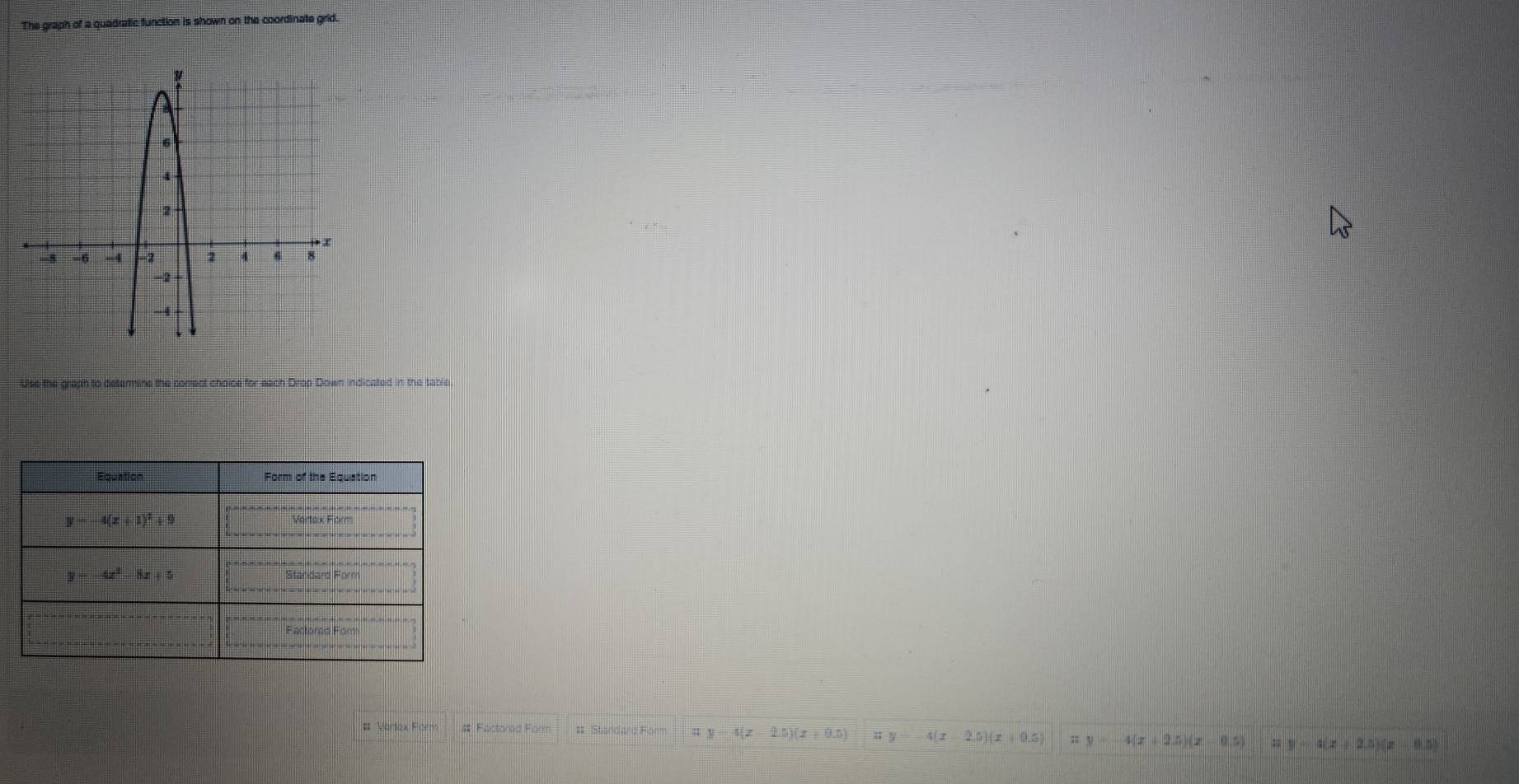 The graph of a quadratic function is shown on the coordinate grid.
Use the graph to determine the correct choice for each Drop Down indicated in the table.
#: Verlex Form #: Factored Form # Standard Form : , 4(x-2.5)(x+0.5) π y=-4(x-2.5)(x+0.5) y=-4(x+2.5)(x 0.5) 4(x+2.5)(x