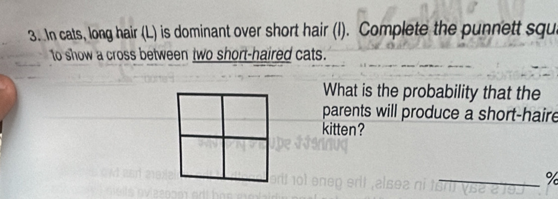 In cats, long hair (L) is dominant over short hair (l). Complete the punnett squ 
to show a cross between two short-haired cats. 
What is the probability that the 
parents will produce a short-haire 
kitten?
%