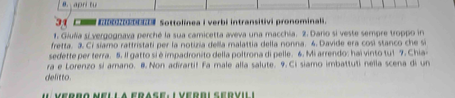 a :  apri tu 
31 RICONOSCERE Sottolinea i verbi intransitivi pronominali. 
1. Giulia si vergognava perché la sua camicetta aveva una macchia. 2. Dario si veste sempre troppo in 
fretta. 3. Ci siamo rattristati per la notizia della malattia della nonna. 4. Davide era così stanco che si 
sedette per terra. 5. Il gatto si è impadronito della poltrona di pelle. 6. Mi arrendo: hai vinto tu! 7. Chia- 
ra e Lorenzo si amano. 8.Non adirarti! Fa male alla salute. 9. Ci siamo imbattuti nella scena di un 
delitto. 
Verßo Nella Frase: Lverßlservili