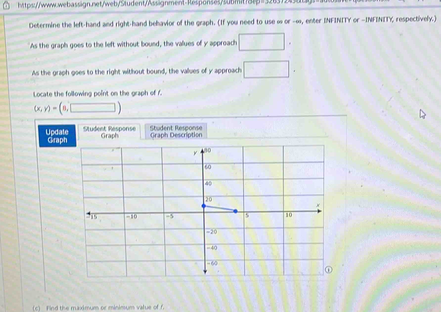 Determine the left-hand and right-hand behavior of the graph. (If you need to use ∞ or -∞, enter INFINITY or —INFINITY, respectively.) 
As the graph goes to the left without bound, the values of y approach □ , 
As the graph goes to the right without bound, the values of y approach □. 
Locate the following point on the graph of f.
(x,y)=(8,□ )
Update Student Response Student Response 
Graph Graph Graph Description 
(c) Find the maximum or minimum value of f.
