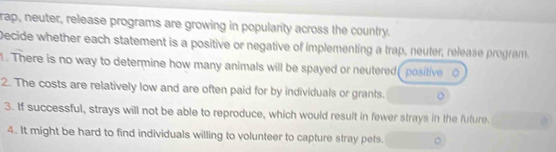 rap, neuter, release programs are growing in popularity across the country. 
Decide whether each statement is a positive or negative of implementing a trap, neuter, release program 
. There is no way to determine how many animals will be spayed or neutered (positive 
2. The costs are relatively low and are often paid for by individuals or grants. 
3. If successful, strays will not be able to reproduce, which would result in fewer strays in the future. 
4. It might be hard to find individuals willing to volunteer to capture stray pets.