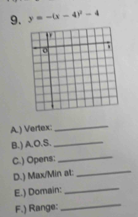 y=-(x-4)^2-4
A.) Vertex: 
_ 
B.) A.O.S._ 
C.) Opens: 
_ 
D.) Max/Min at:_ 
E.) Domain:_ 
F.) Range: 
_