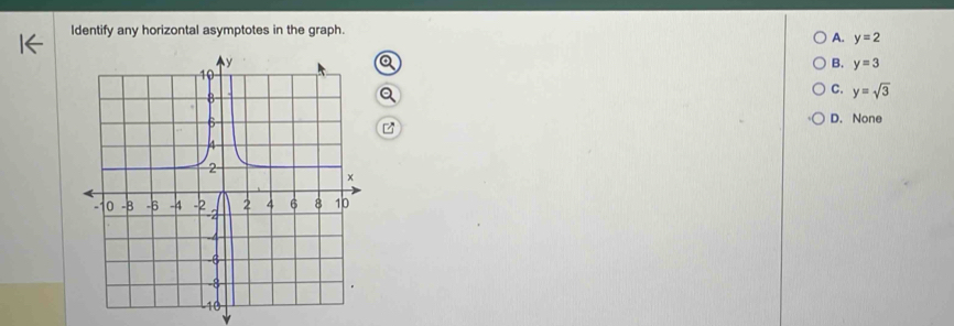 Identify any horizontal asymptotes in the graph.
A. y=2
B. y=3
C. y=sqrt(3)
D. None