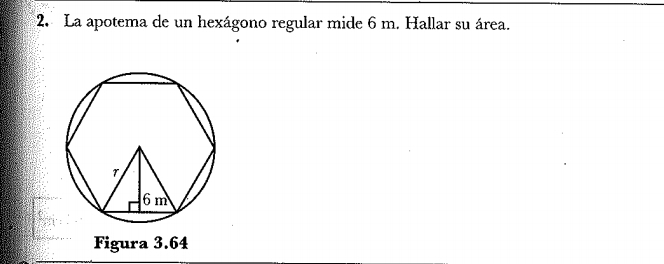 La apotema de un hexágono regular mide 6 m. Hallar su área. 
Figura 3.64