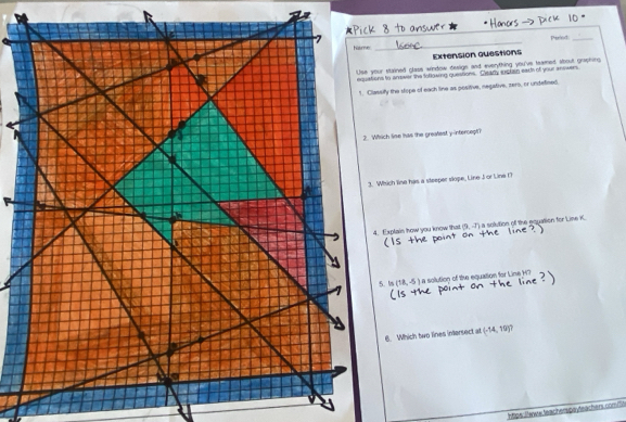 Paiod:_ 
_ 
Extension questions 
slained glass window desige and everything you've teamed wbout graphing 
to anover the tollowing quessions. Ceady soctain eath of your answers 
ify the stope of each line as positive, negative, zero, or undefined. 
ch lise tas the greafest y-intercept? 
hich line has a steeper slope, Line J or Line I
Explain how you know that (9,-7) a solution of the equation for Line K. 
. Is (18,-5) a solution of the equation for Line H
6. Which two lines intersect at (-14,19)? 
Intipe:/ewe teacherspsyteachers.coml