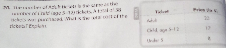 The number of Adult tickets is the same as the
number of Child (age 5-12) tickets. A total of 38
tickets was purchased. What is the total cost of the
tickets? Explain.