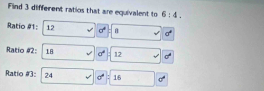 Find 3 different ratios that are equivalent to 6:4. 
Ratio # 1: 12 sigma^4 8
Ratio # 2: 18 alpha a 12 a^4
Ratio # 3: 24 sigma 16