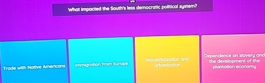 What impacted the South's less democratic political system?
Dependence on slavery and
Trade with Native Americans Immigration from Europe Industrialization and urbanization the development of the plantation economy