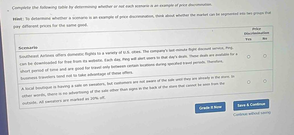 Complete the following table by determining whether or not each scenario is an example of price discrimination.
Hint: To determine whether a scenario is an example of price discrimination, think about whether the market can be segmented into two groups that
pay different prices for the same good.
Price
Discrimination
Yes No
Scenario
Southeast Airlines offers domestic flights to a variety of U.S. cities. The company's last-minute flight discount service, Ping,
can be downloaded for free from its website. Each day, Ping will alert users to that day's deals. These deals are available for a
short period of time and are good for travel only between certain locations during specified travel periods. Therefore,
business travelers tend not to take advantage of these offers.
A local boutique is having a sale on sweaters, but customers are not aware of the sale until they are already in the store. In
other words, there is no advertising of the sale other than signs in the back of the store that cannot be seen from the
outside. All sweaters are marked as 20% off,
Grade It Now Save & Continue
Continue without saving