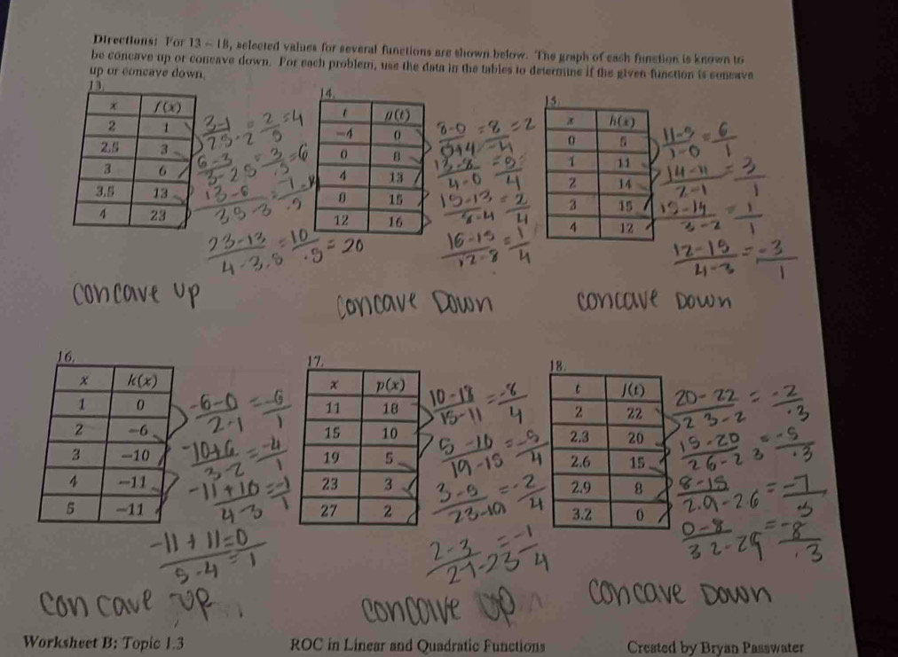 Directions: For 13-18 , selected values for several functions are shown below. The graph of each function is known to
be concave up or coneave down. For each problem, use the data in the tables to determine if the given function is ceneave
up or concave down.
 
 
 
  
 
  
  
  
  
Worksheet B: Topic 1.3 ROC in Linear and Quadratic Functions Created by Bryan Passwater