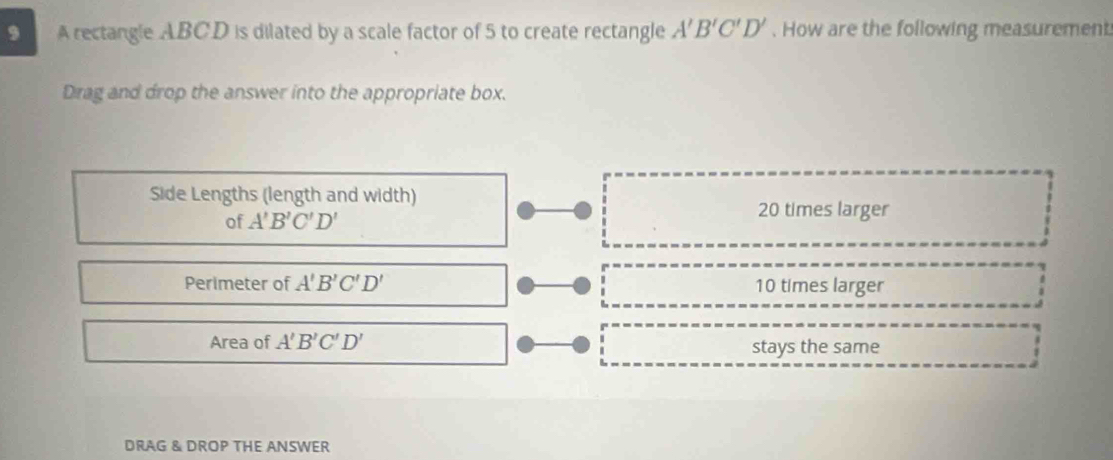 A rectangle ABCD is dilated by a scale factor of 5 to create rectangle A'B'C'D'. How are the following measurement
Drag and drop the answer into the appropriate box.
Side Lengths (length and width)
of A'B'C'D'
20 times larger
Perimeter of A'B'C'D' 10 times larger
Area of A'B'C'D' stays the same
DRAG & DROP THE ANSWER