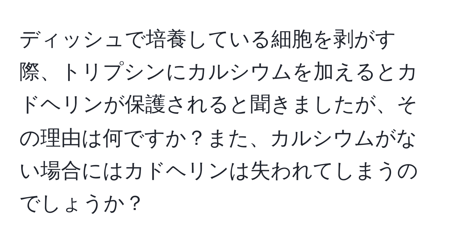 ディッシュで培養している細胞を剥がす際、トリプシンにカルシウムを加えるとカドヘリンが保護されると聞きましたが、その理由は何ですか？また、カルシウムがない場合にはカドヘリンは失われてしまうのでしょうか？