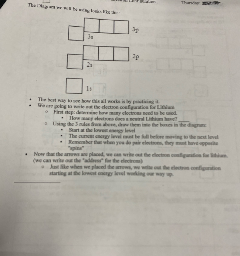 Configuration Thursday: 
The Diagram we will be using looks like this:
3p
3s
2p
2s
1s 
The best way to see how this all works is by practicing it. 
We are going to write out the electron configuration for Lithium 
First step: determine how many electrons need to be used. 
How many electrons does a neutral Lithium have?_ 
Using the 3 rules from above, draw them into the boxes in the diagram: 
Start at the lowest energy level 
The current energy level must be full before moving to the next level 
Remember that when you do pair electrons, they must have opposite 
''spins'' 
Now that the arrows are placed, we can write out the electron configuration for lithium. 
(we can write out the "address" for the electrons) 
Just like when we placed the arrows, we write out the electron configuration 
starting at the lowest energy level working our way up. 
_