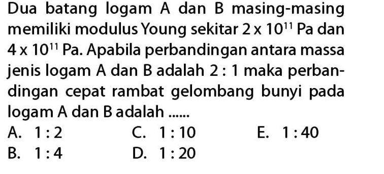 Dua batang logam A dan B masing-masing
memiliki modulus Young sekitar 2* 10^(11) Pa dan
4* 10^(11) Pa. Apabila perbandingan antara massa
jenis logam A dan B adalah 2:1 maka perban-
dingan cepat rambat gelombang bunyi pada
logam A dan B adalah ......
A. 1:2 C. 1:10 E. 1:40
B. 1:4 D. 1:20