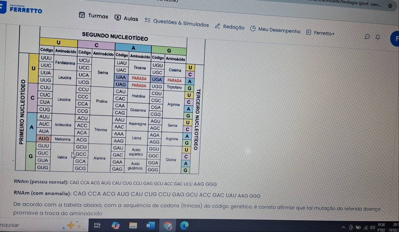 Midade/biologia-(prof.-sam... 
FERRETTO Turmas Aulas QuestõeRedação 
Meu Desempenho Ferretto+ 
RNAm (pessoa normal): CAG CCA ACG AUG CAU CUG CCU GAG GCU ACC GAC UCU AAG GGG 
RNAm (com anomalia): CAG CCA ACG AUG CAU CUG CCU GAG GCU ACC GAC UAU AAG GGG 
De acordo com a tabela abaixo, com a sequência de códons (trincas) do código genético, é correto afirmar que tal mutação da referida doença 
promove a troca do aminoácido 
esquisar 

19/02/